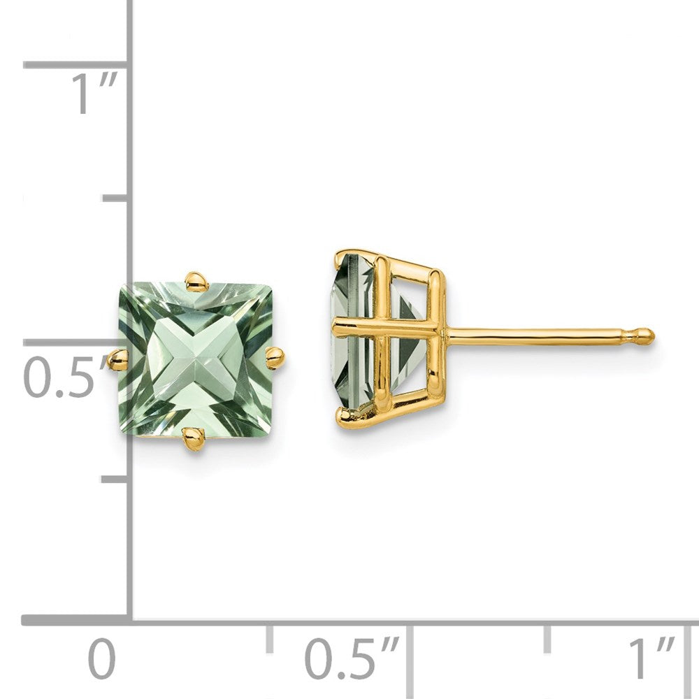 14K Gelbgold Ohrringe mit quadratischem grünem Quarz, 7 mm