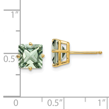 14K Gelbgold Ohrringe mit quadratischem grünem Quarz, 7 mm