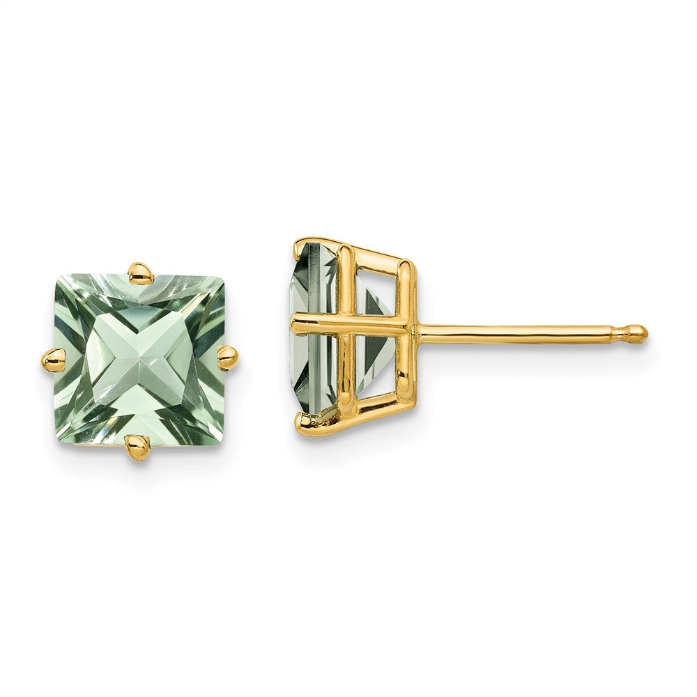 14K Gelbgold Ohrringe mit quadratischem grünem Quarz, 7 mm