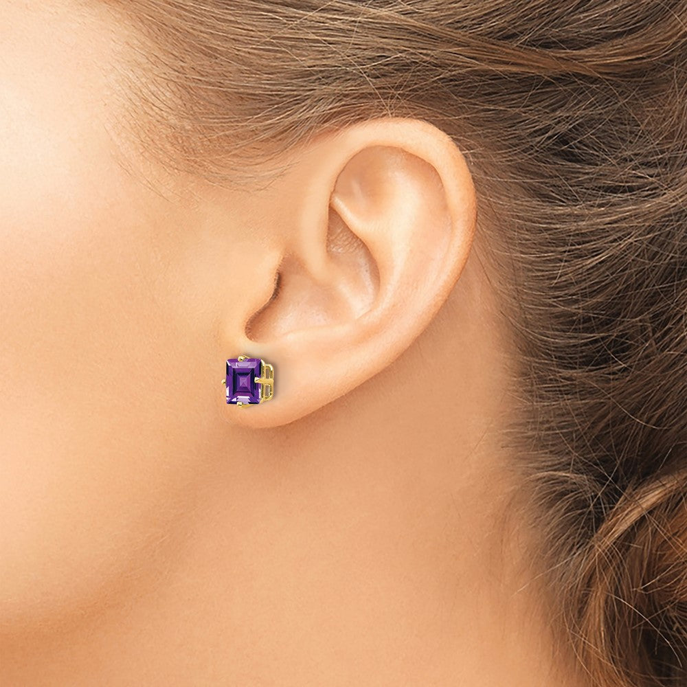14K Gelbgold Ohrringe mit Amethyst im Prinzessschliff, 7 mm