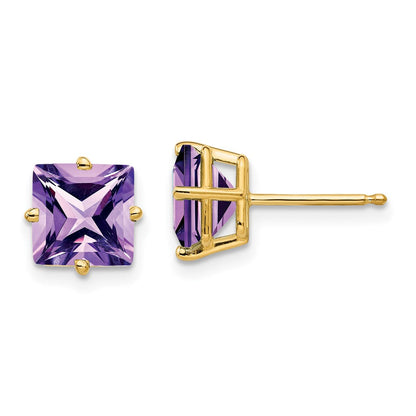 14K Gelbgold Ohrringe mit Amethyst im Prinzessschliff, 7 mm