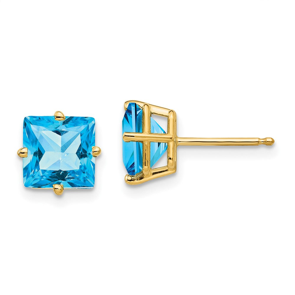 14K Gelbgold Ohrringe mit 7 mm Blautopas im Princess-Schliff