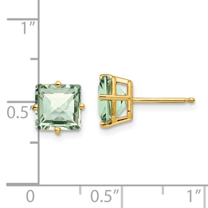 14K Gelbgold Ohrringe mit 7 mm quadratischem Schachbrettschliff-Grünquarz