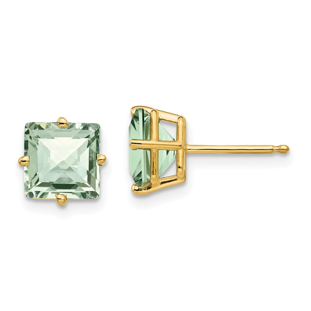 14K Gelbgold Ohrringe mit 7 mm quadratischem Schachbrettschliff-Grünquarz