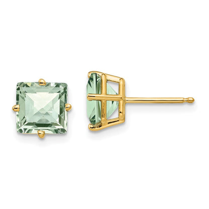 14K Gelbgold Ohrringe mit 7 mm quadratischem Schachbrettschliff-Grünquarz