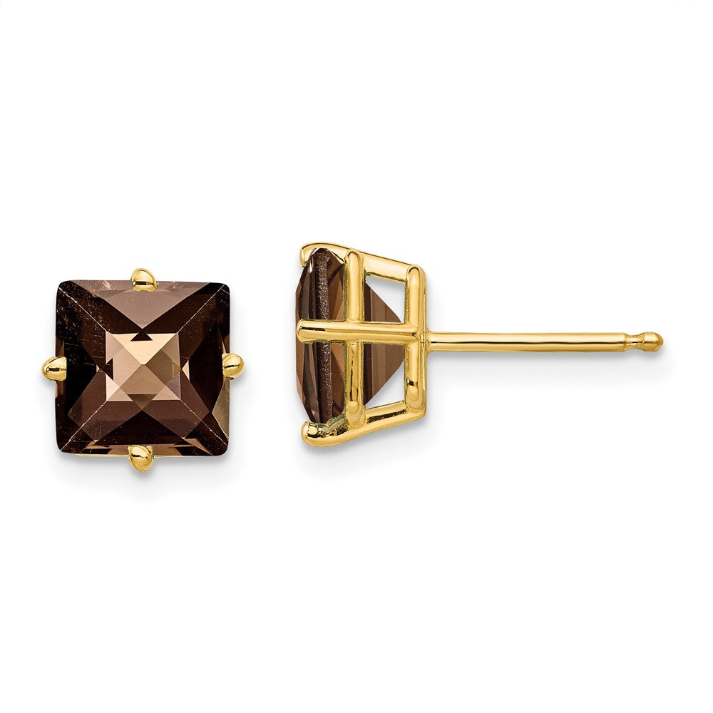 14K Gelbgold Ohrringe mit 7 mm quadratischem Karo-Schliff Rauchquarz in Gelbgold