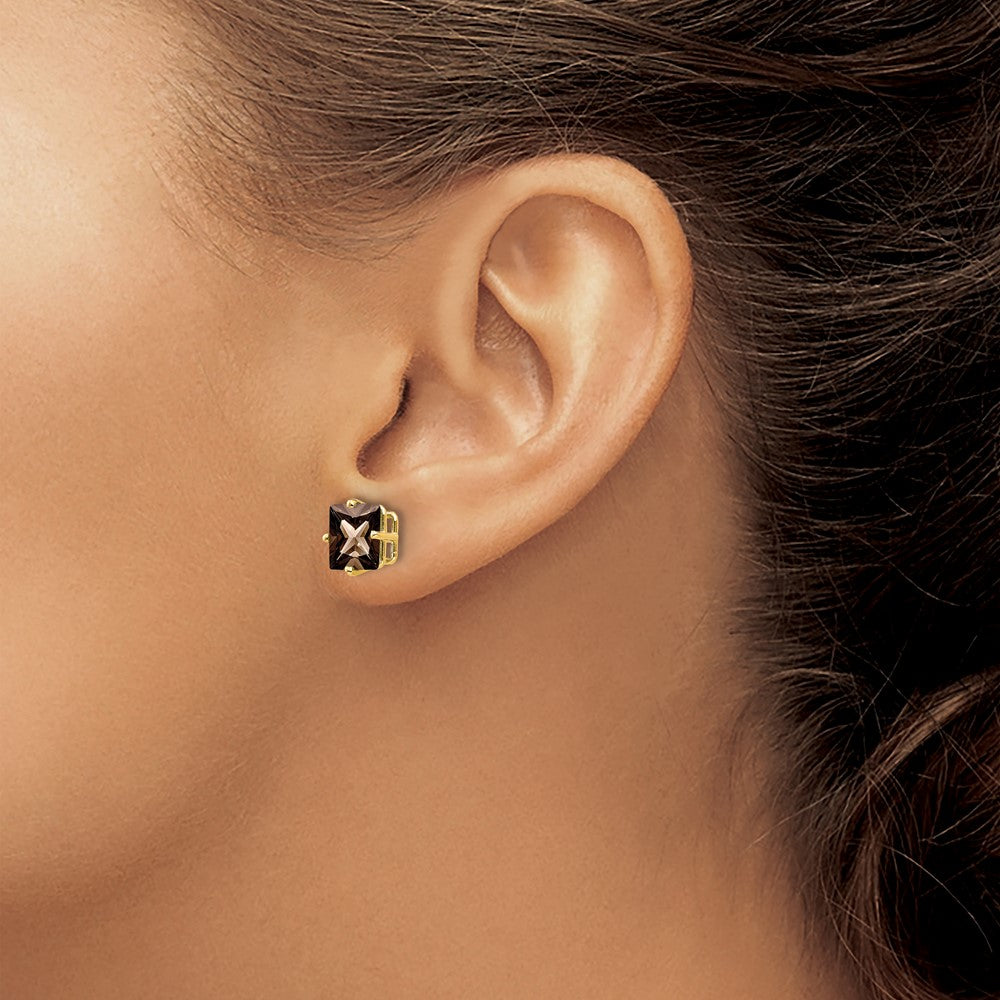 14K Gelbgold Ohrringe mit 7-mm-quadratischem Rauchquarz in Gelbgold