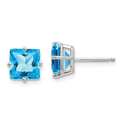 14K Weißgold Ohrringe mit 7 mm Blautopas im Prinzessschliff