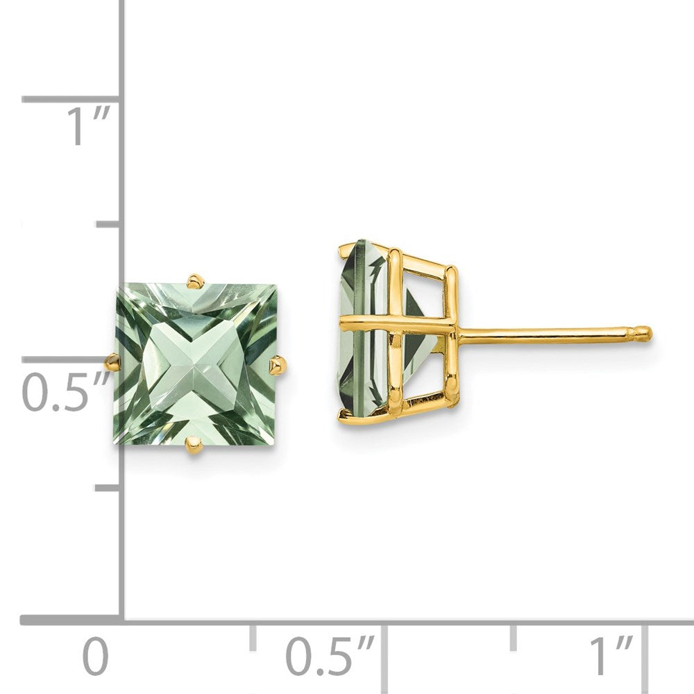 14K Gelbgold Ohrringe mit quadratischem grünem Quarz, 8 mm