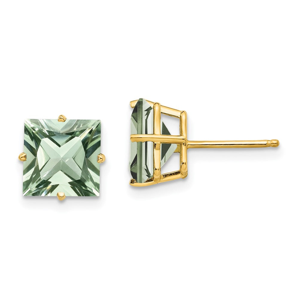 14K Gelbgold Ohrringe mit quadratischem grünem Quarz, 8 mm