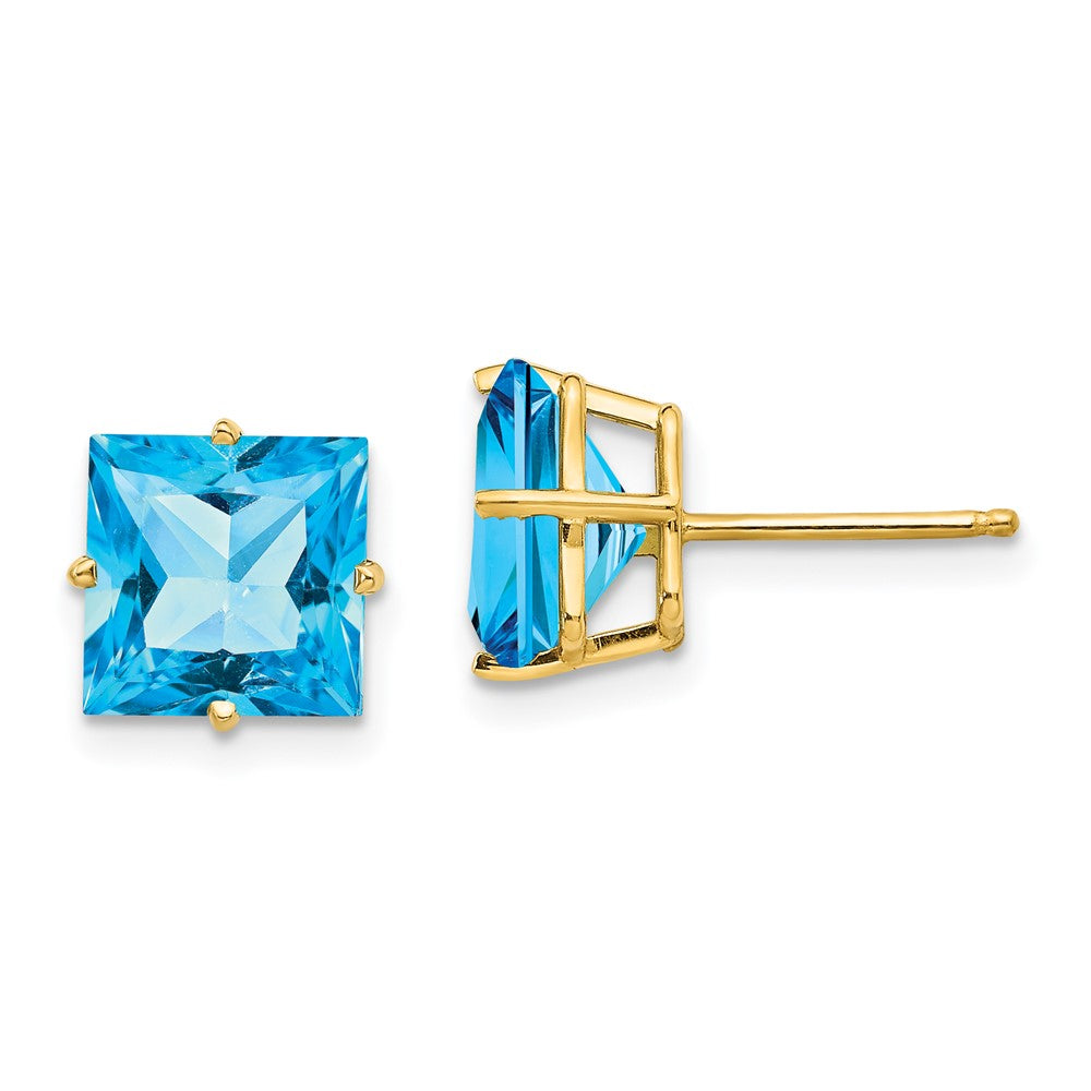 14K Gelbgold Ohrringe mit 8 mm quadratischem Blautopas im Stufenschliff