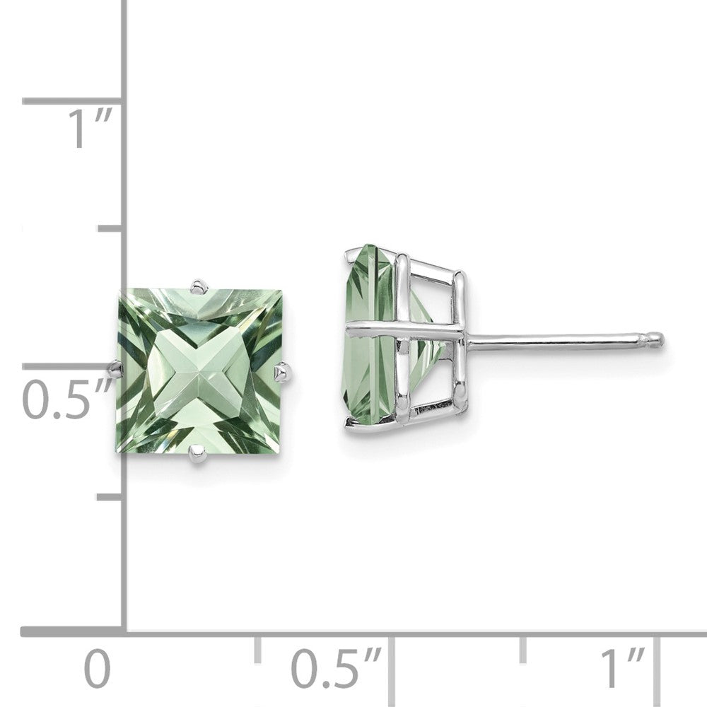 Ohrstecker mit Prinzess-Schliff, grünem Quarz, 4-Krappen-Fassung, 8,0 mm, 14K Weißgold