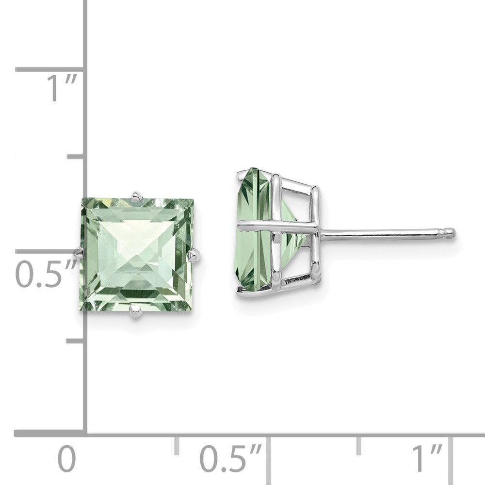 14K Weißgold Ohrringe mit grünem Quarz im Prinzessschliff, 8,0 mm, Schachbrettschliff, 4-Krappen-Fassung