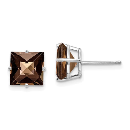 Ohrringe mit Princess-Schliff, 8,0 mm, Schachbrettschliff, rauchgelbem Goldquarz, 4-Krappenfassung, 14K Weißgold