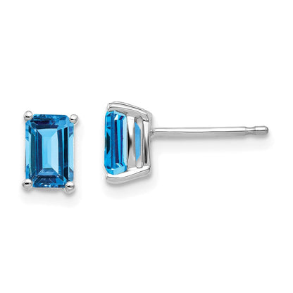 14K Weißgold Ohrringe mit Blautopas im Emerald-Cut, 6 x 4 mm