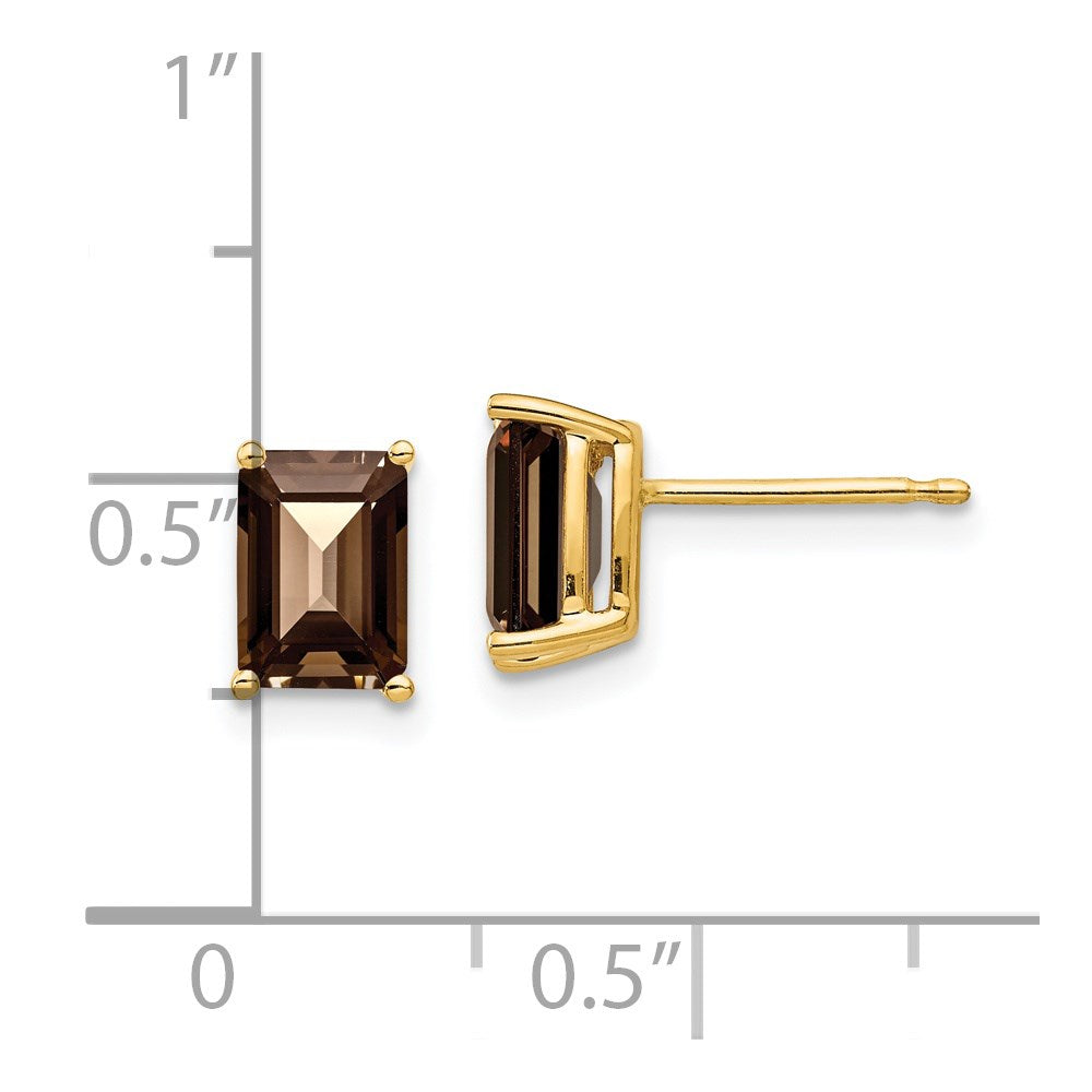 14K Gelbgold Ohrringe mit 7x5 mm Smoky-Quarz im Emerald-Schliff