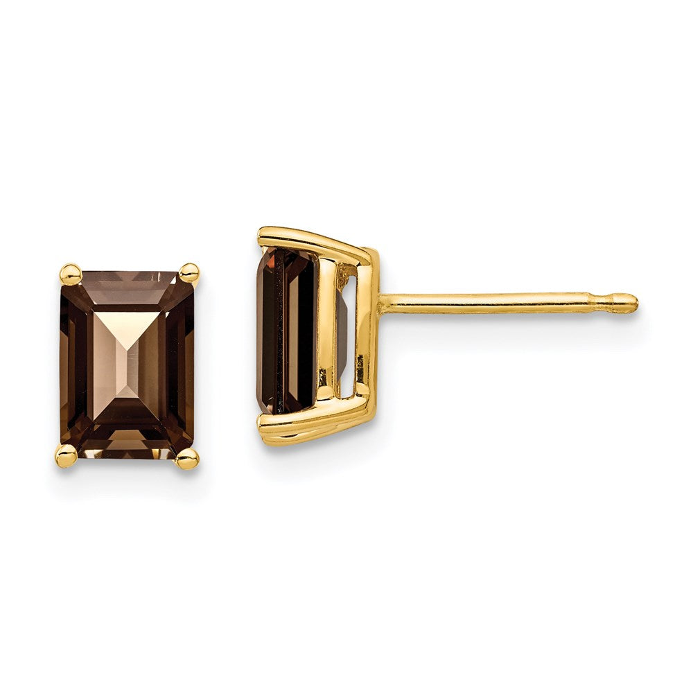 14K Gelbgold Ohrringe mit 7x5 mm Smoky-Quarz im Emerald-Schliff