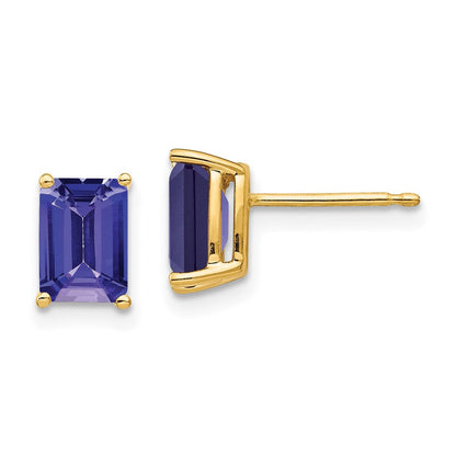 14K Gelbgold Ohrstecker mit 7 x 5 mm Tansanit im Smaragdschliff