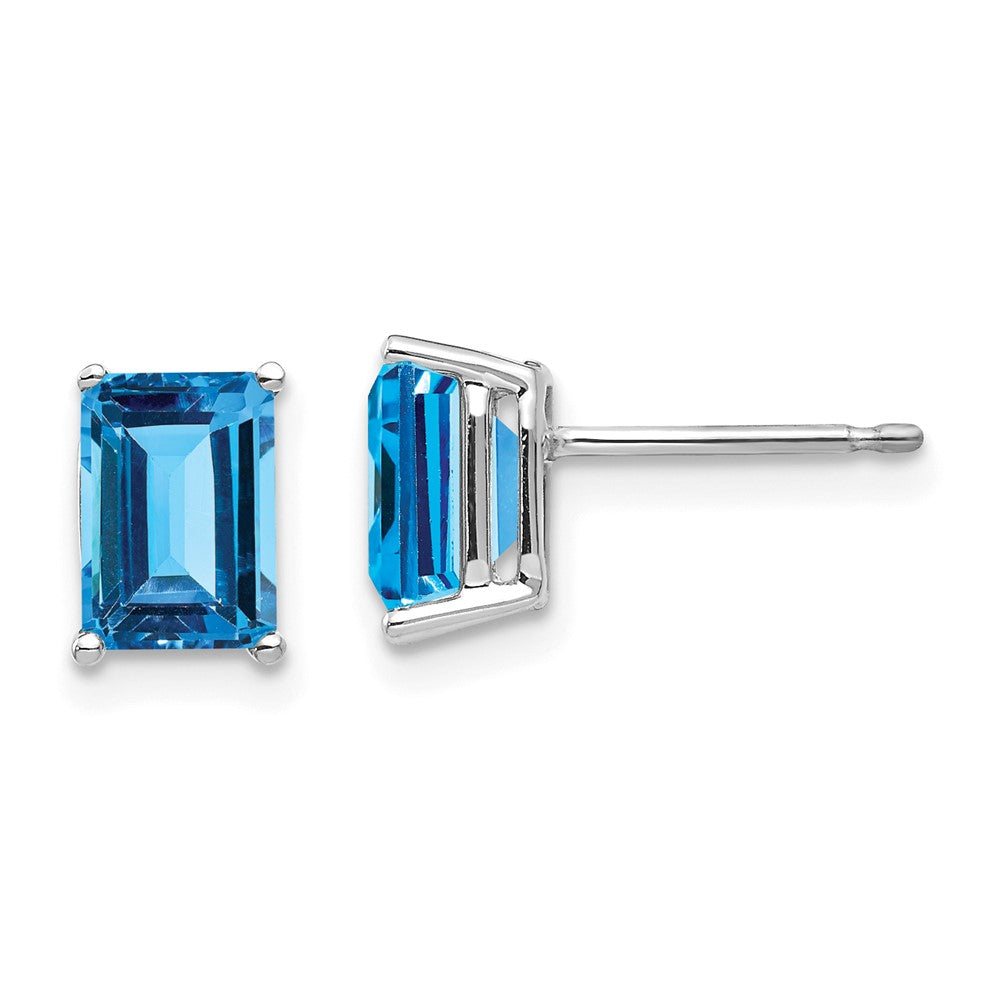 14K Weißgold Ohrringe mit Smaragdschliff, 7x5 mm, Blautopas