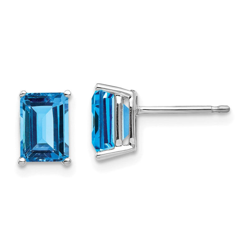 14K Weißgold Ohrringe mit Smaragdschliff, 7x5 mm, Blautopas
