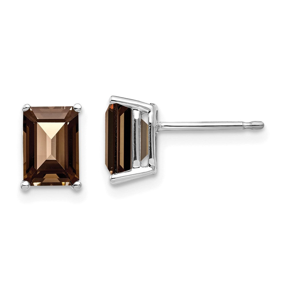 14K Weißgold Ohrringe mit 7x5 mm rauchgelbem Quarz im Smaragdschliff, Gelbgold