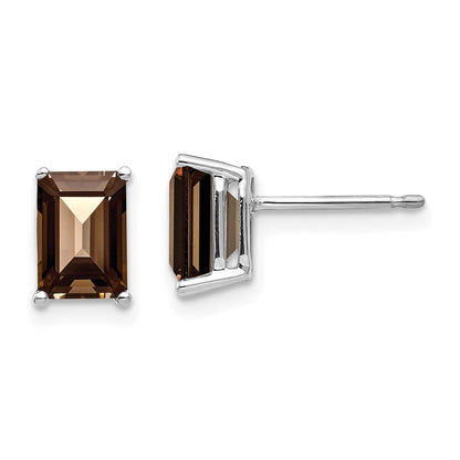 14K Weißgold Ohrringe mit 7x5 mm rauchgelbem Quarz im Smaragdschliff, Gelbgold
