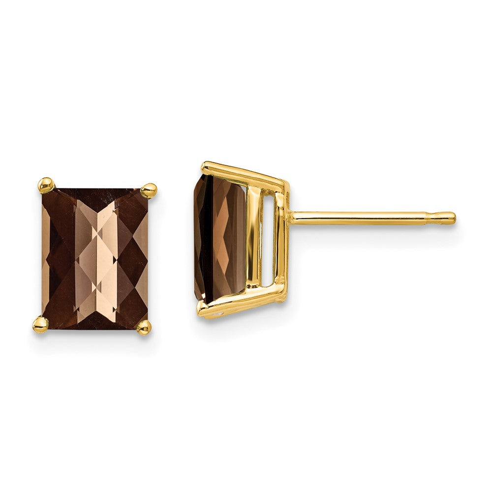 14K Gelbgold Ohrringe mit 8x6 mm achteckigem Schachbrettschliff-Rauchquarz in Gelbgold