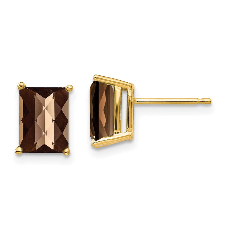 14K Gelbgold Ohrringe mit 8x6 mm achteckigem Schachbrettschliff-Rauchquarz in Gelbgold