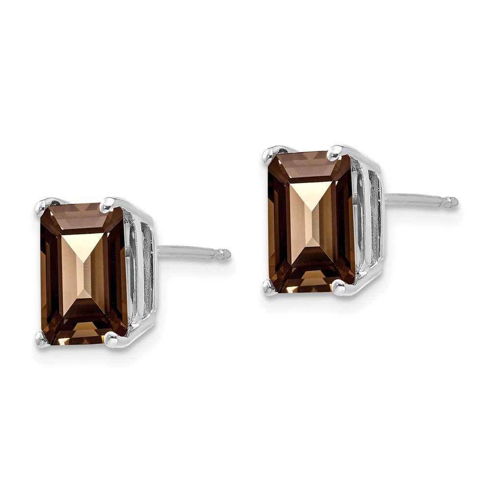 14K Weißgold Ohrringe mit 9x7mm Smoky Quarz im Emerald-Schliff, Gelbgold