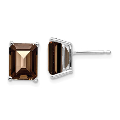 14K Weißgold Ohrringe mit 9x7mm Smoky Quarz im Emerald-Schliff, Gelbgold