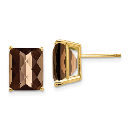 14K Gelbgold Ohrringe mit 10x8 mm achteckigem Rauchquarz im Schachbrettschliff