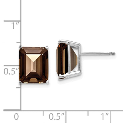 14K Weißgold Ohrringe mit 10x8 mm Smaragdschliff-Rauchquarz in Gelbgold