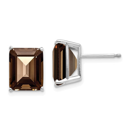 14K Weißgold Ohrringe mit 10x8 mm Smaragdschliff-Rauchquarz in Gelbgold