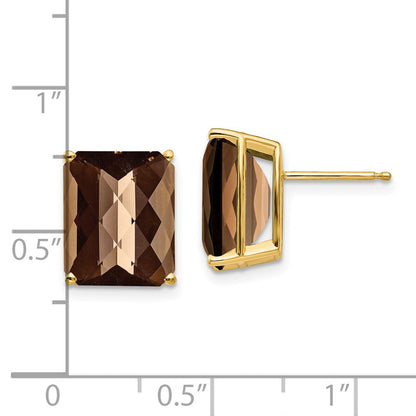 14K Gelbgold Ohrringe mit 12x10 achteckigem Schachbrettschliff-Rauchquarz