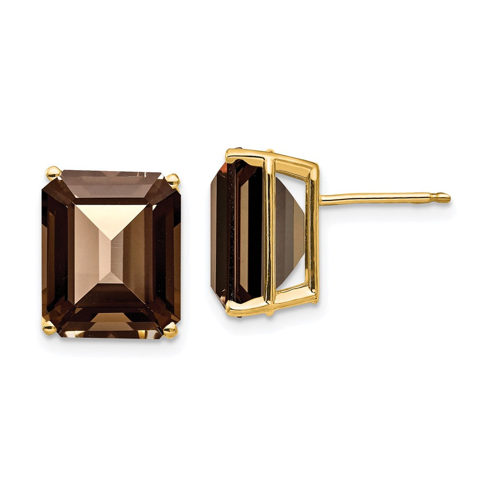 14K Gelbgold Ohrringe mit 12x10 mm Smoky-Quarz im Emerald-Cut