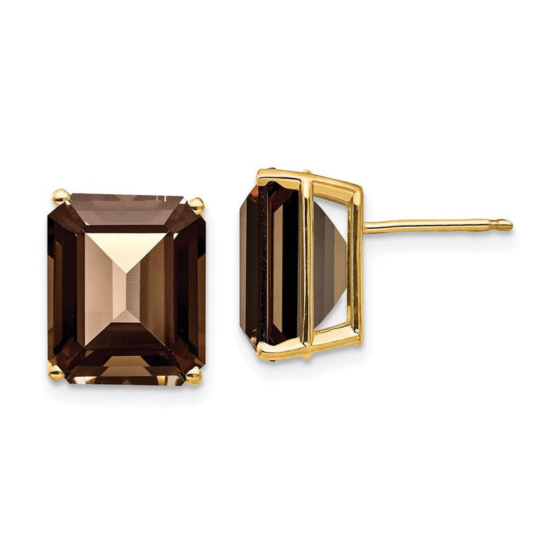 14K Gelbgold Ohrringe mit 12x10 mm Smoky-Quarz im Emerald-Cut