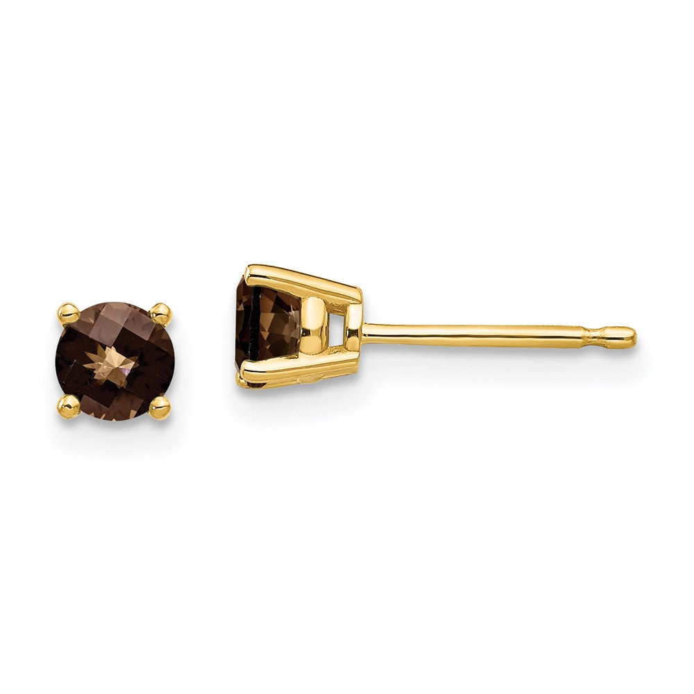 14K Gelbgold Ohrringe mit 4 mm rundem Rauchquarz im Checker-Schliff