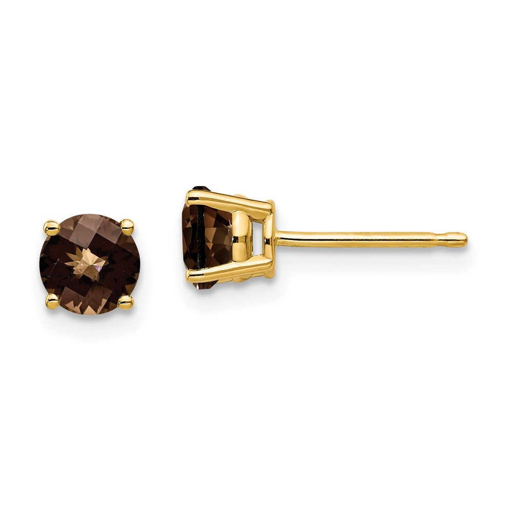14K Gelbgold Ohrringe mit 5 mm rundem Rauchquarz im Checker-Schliff, Gelbgold