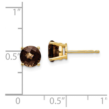14K Gelbgold Ohrstecker mit 6-mm-rundem Schachbrettschliff-Rauchquarz in Gelbgold