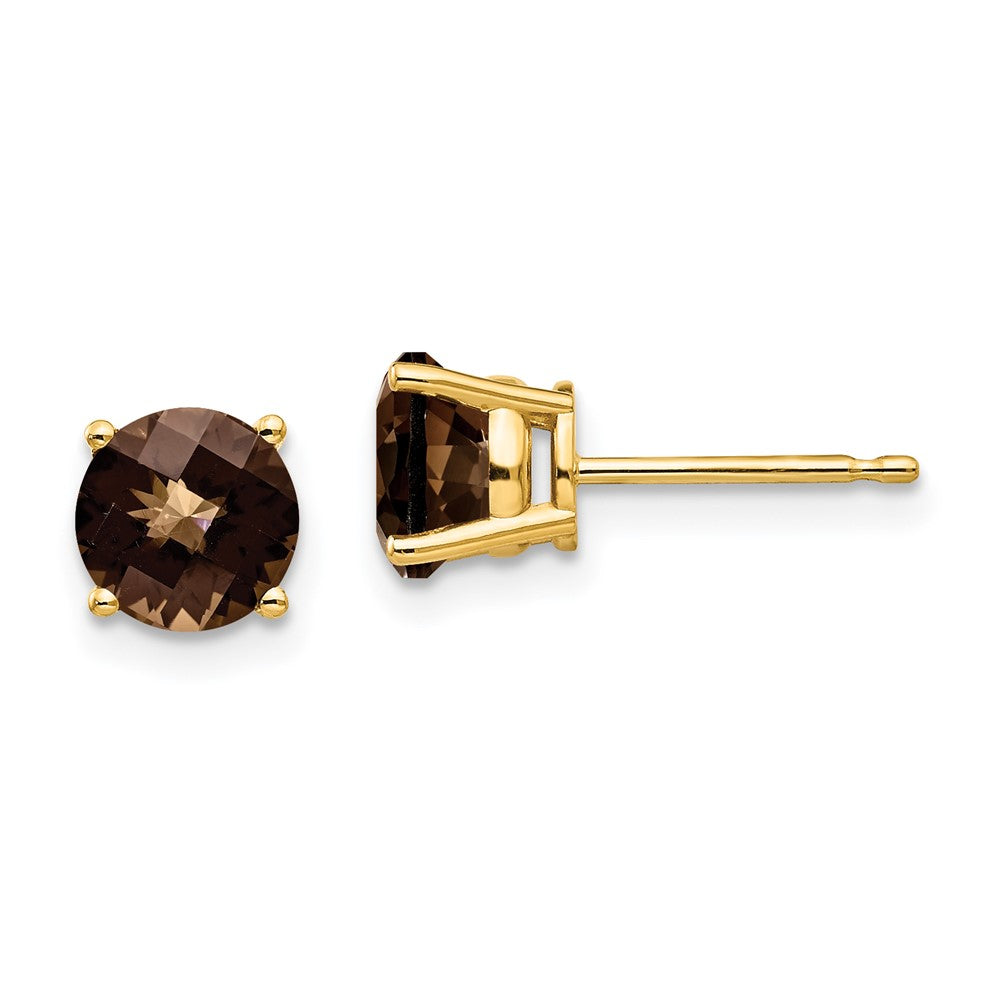 14K Gelbgold Ohrstecker mit 6-mm-rundem Schachbrettschliff-Rauchquarz in Gelbgold