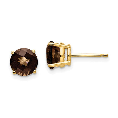 14K Gelbgold Ohrringe mit 7 mm rundem Karo-Schliff Rauchquarz in Gelbgold