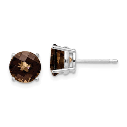 14K Weißgold Ohrringe mit 7 mm rundem Checker-Cut Rauchgelbgold-Quarz