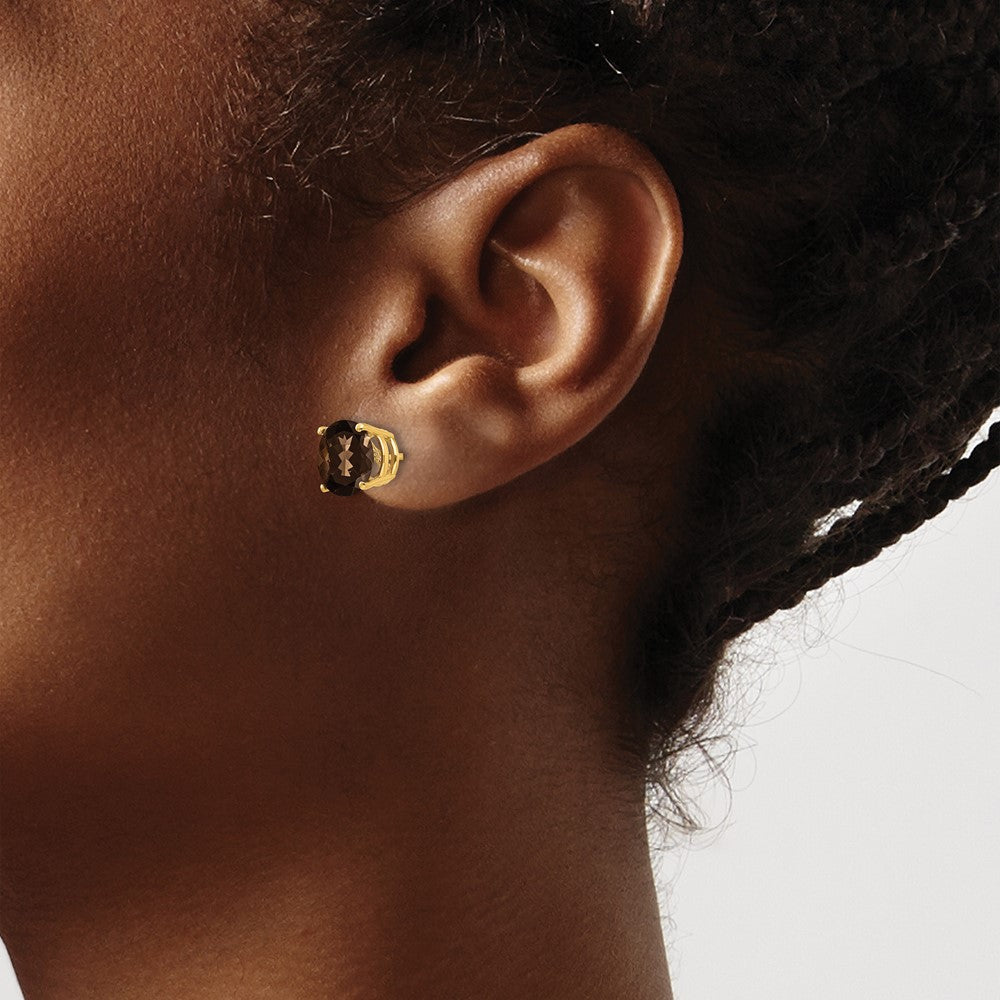 14K Gelbgold Ohrringe mit 8 mm rundem Schachbrettschliff-Rauchquarz in Gelbgold