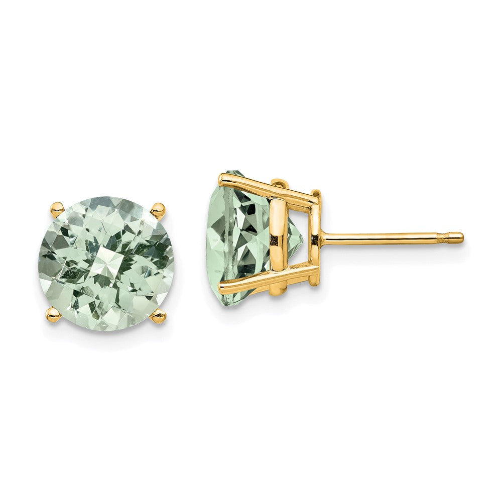 14K Gelbgold Ohrringe mit 9 mm rundem Grün-Quarz im Checker-Schliff