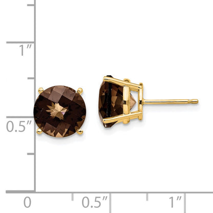 14K Gelbgold Ohrringe mit 9 mm rundem Rauchquarz im Schachbrettschliff