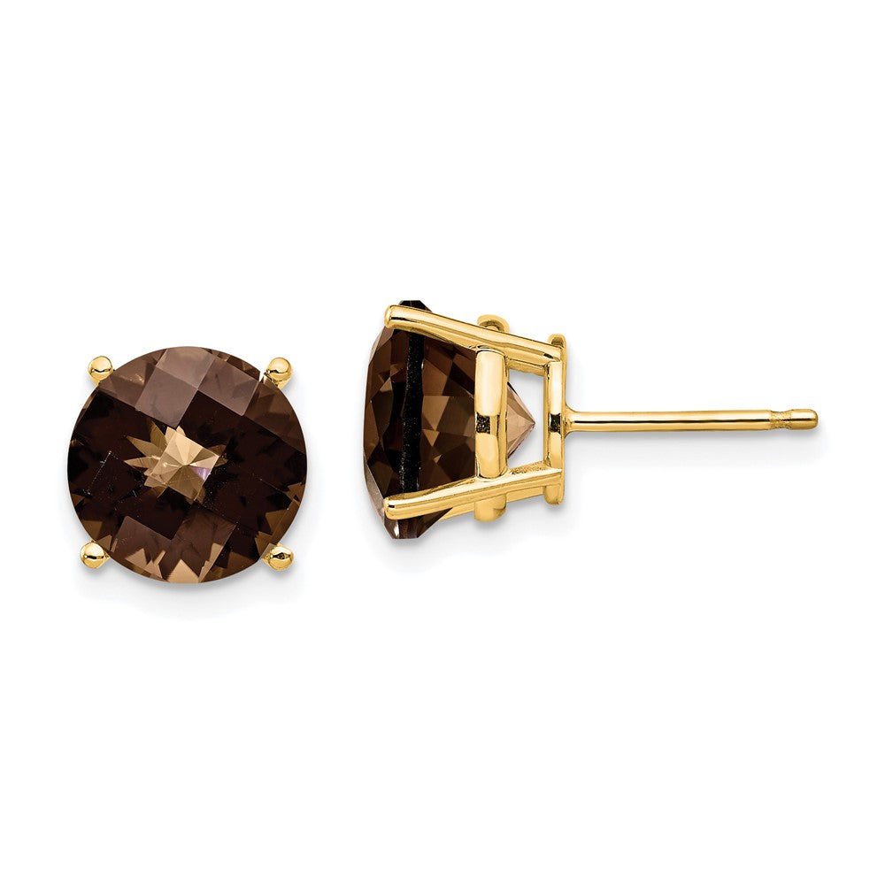 14K Gelbgold Ohrringe mit 9 mm rundem Rauchquarz im Schachbrettschliff