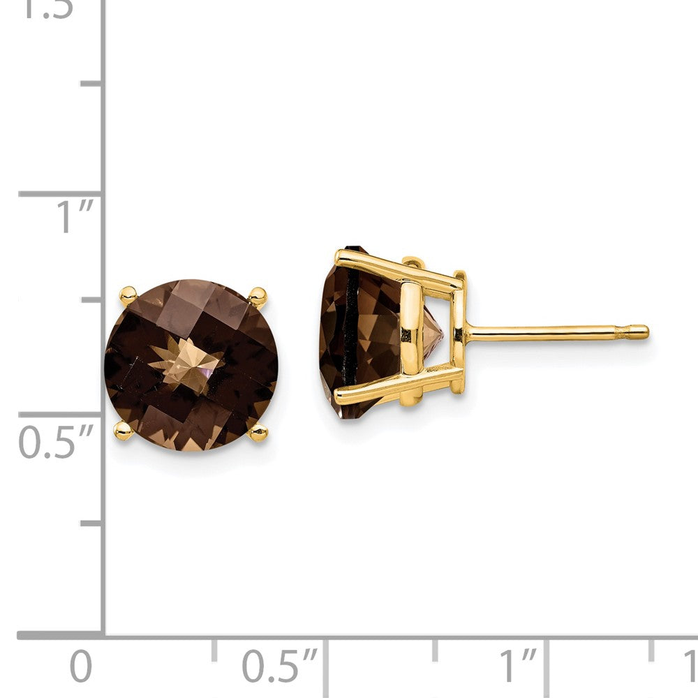 14K Gelbgold Ohrringe mit 10 mm rundem Schachbrettschliff-Rauchquarz und Gelbgold