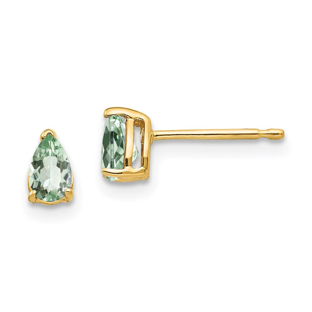 14K Gelbgold Ohrringe mit birnenförmigem grünem Quarz, 5 x 3 mm