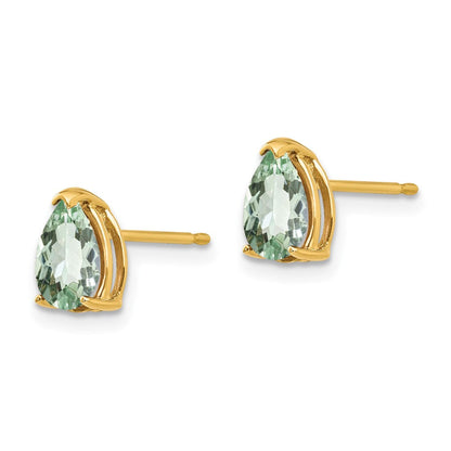 14K Gelbgold Ohrringe mit birnenförmigem grünem Quarz, 7 x 5 mm