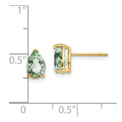 14K Gelbgold Ohrringe mit birnenförmigem grünem Quarz, 7 x 5 mm